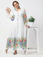 Cheera Women Stylish Hand Chikenkari And Digital Printe Cotton Organza Flared Anarkali Kurta - White