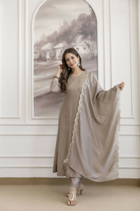 The52 Chiku Women's Beautiful Vichitra Silk Fabric Embroidered Work Flared Anarkali Pant and Dupatta Set