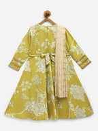Ahalyaa Lemon Yellow Crepe Digital Print Kids Kurta With Dupatta Set For Girls