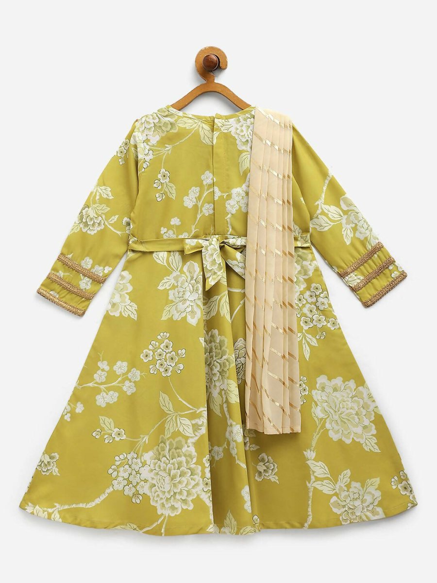 Ahalyaa Lemon Yellow Crepe Digital Print Kids Kurta With Dupatta Set For Girls