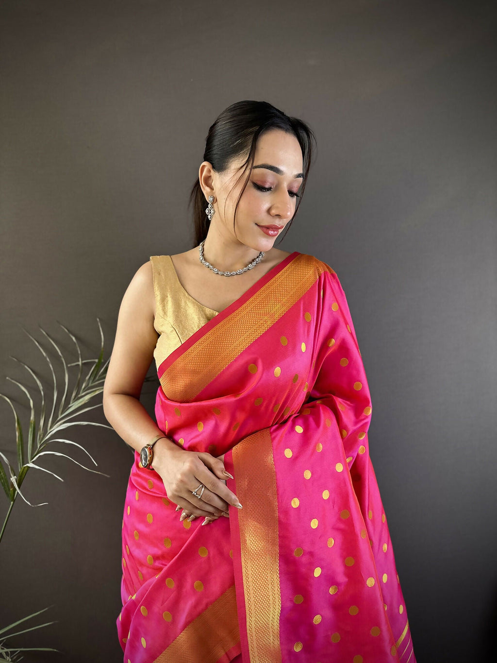 Joban Fashion Hot Pink Polka Dot Lichi Silk Paithani Silk Saree - Distacart