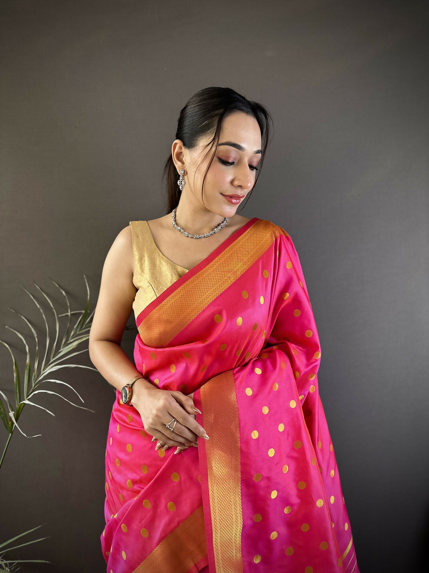Joban Fashion Hot Pink Polka Dot Lichi Silk Paithani Silk Saree - Distacart