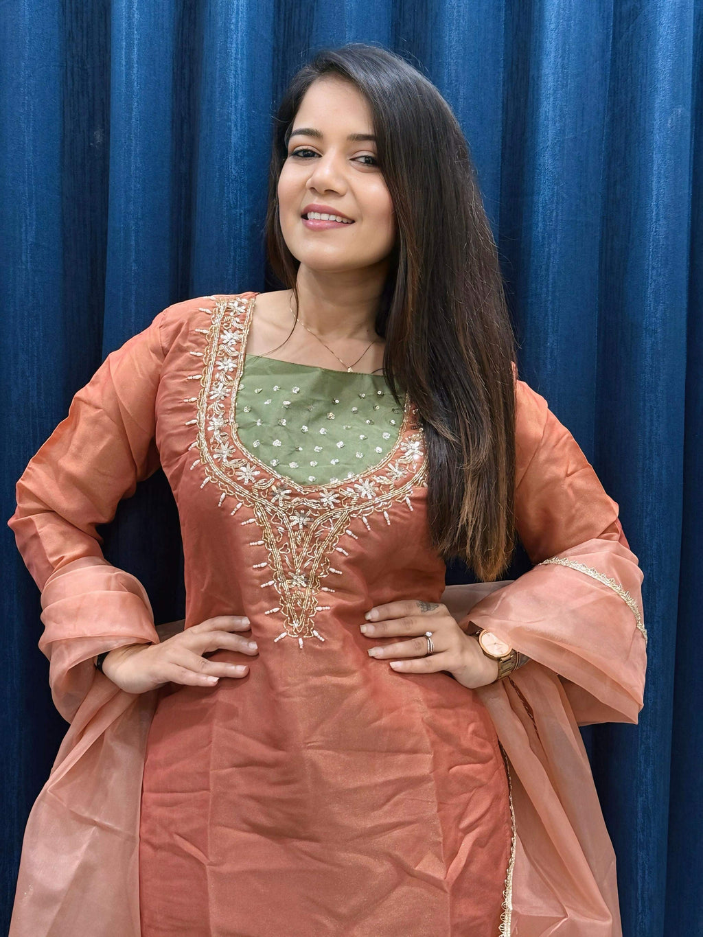 Anaita Dark Peach Roman Shimmer Readymade Kurti Set with Handwork & Moti Work - Distacart