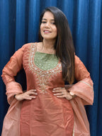 Anaita Dark Peach Roman Shimmer Readymade Kurti Set with Handwork & Moti Work - Distacart
