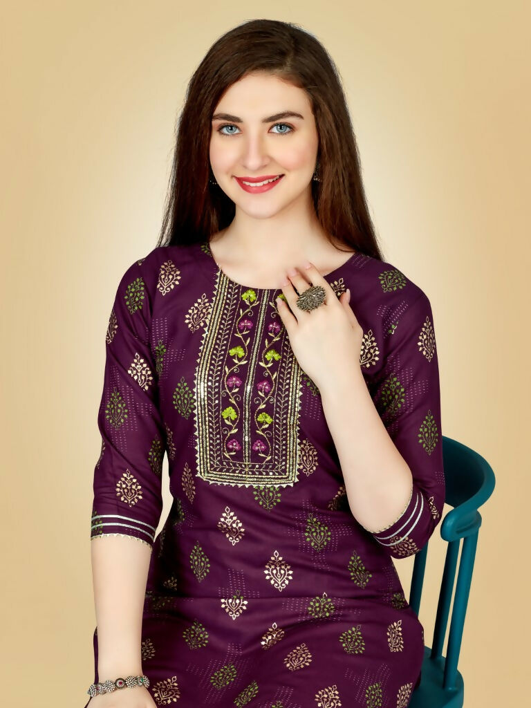Jyoti Fashion Women's Wine Viscose Rayon Embroidered Kurta Pant Set