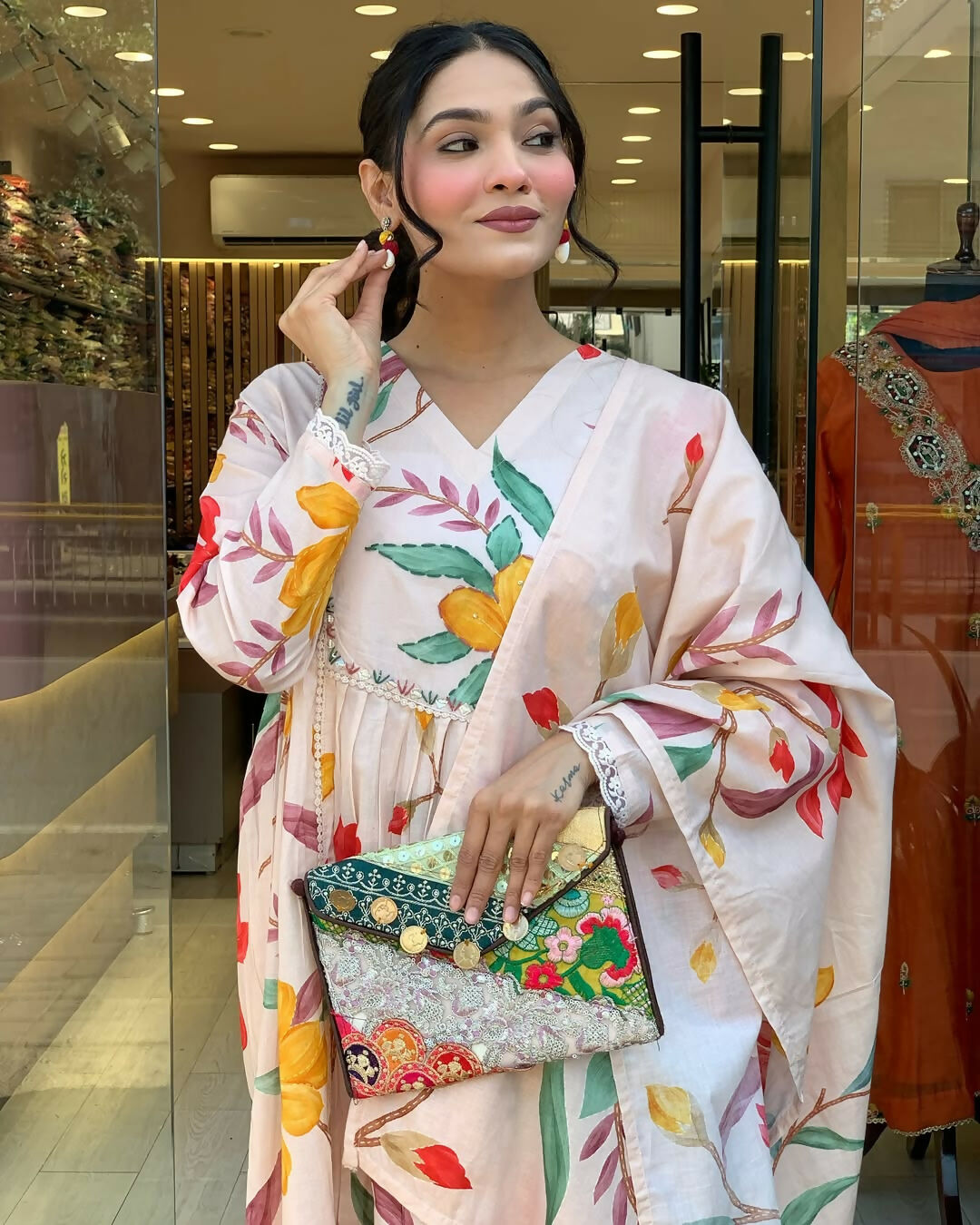 The52 Peach Women's Gorgeous Cotton Fabric Printed Work Straight Kurta Pant and Dupatta Set - Distacart