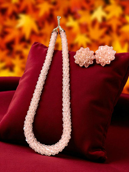 Inhanns Noor-E-Jalwa – Handmade Crystal Bead Necklace / Necklace With Earrings -Adjustable - Baby Pink