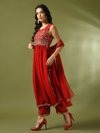 Myshka Women's Red Embroidered Georgette Anarkali Party Kurta Set With Dupatta