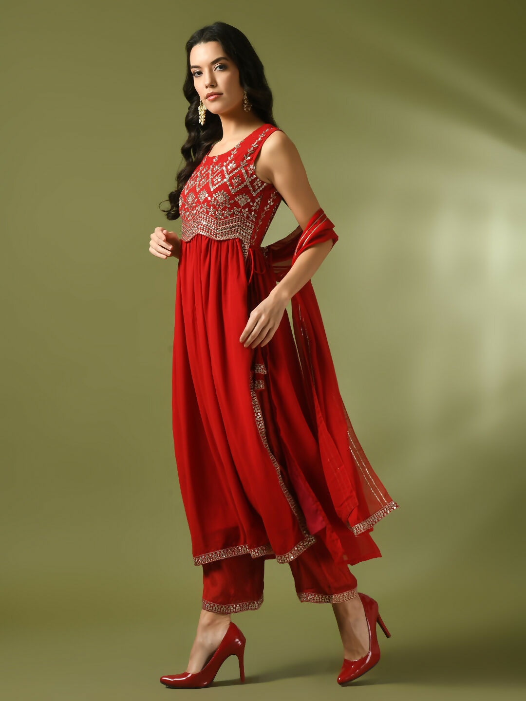 Myshka Women's Red Embroidered Georgette Anarkali Party Kurta Set With Dupatta