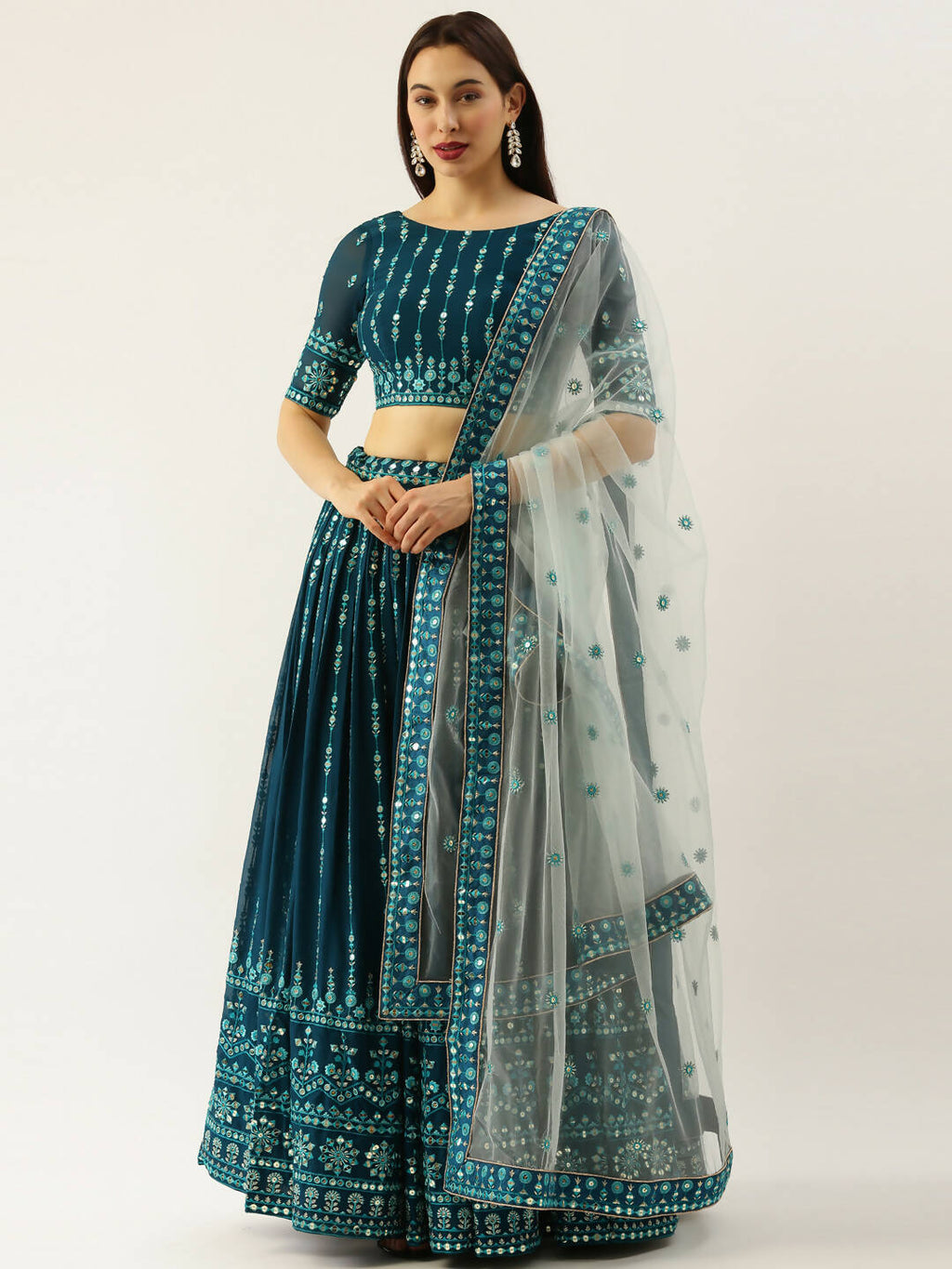 House of Panchhi Women Teal Georgette Sequins Work Lehenga & Blouse with Dupatta