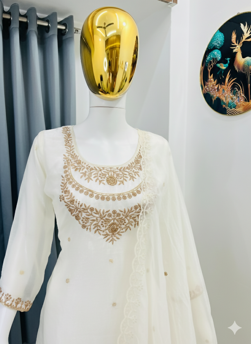 Teeya Creation Cream Color Fendy Satin Silk Heavy Embroidery Work Sharara Suit - Distacart