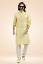 Raivat Ethnic Jacquard Banarasi Silk Pintux Work Kurta Pajama In Lemon Colour