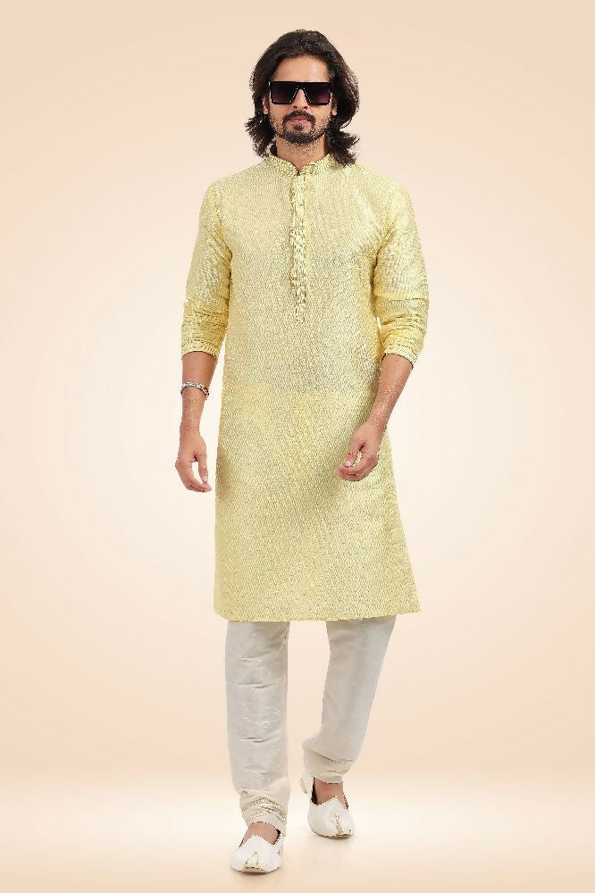Raivat Ethnic Jacquard Banarasi Silk Pintux Work Kurta Pajama In Lemon Colour