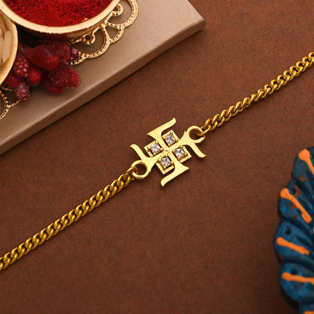 trueBrowns Auspicious Swastik Gold-Polished Bracelet Style Rakhi