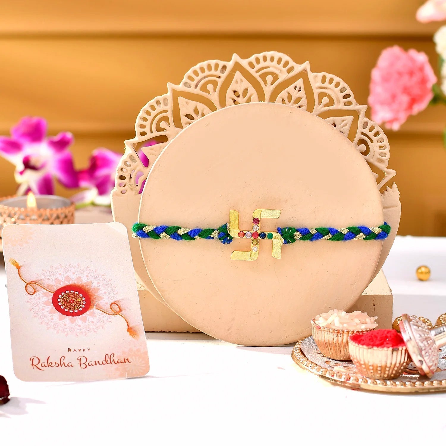 trueBrowns X Voylla Gold Navratan Swastik Rakhi For Brother - Distacart