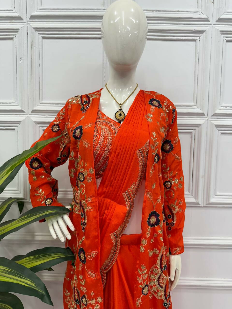 Teeya Creation Orange Color Chinon Silk Designer Embroidery Work Ready To Wear Saree With Koti - Distacart