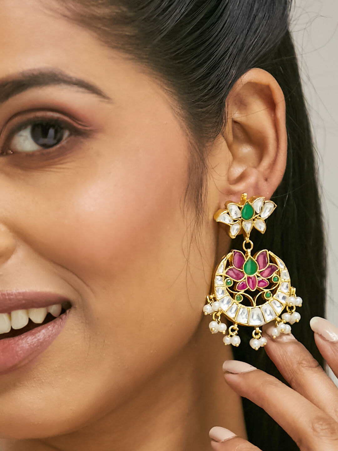 Nuyug 22K Gold-Plated Exquisite Kundan Stone Studded & Pearl Beaded Floral Traditional Chandbalis