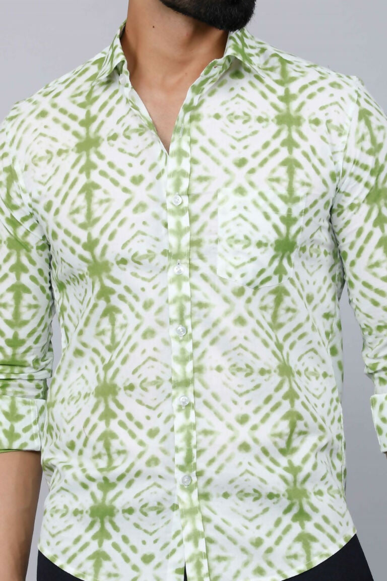 Miravan Men's Premium Green and White Slim Fit Tie Dye Cotton Shirt
