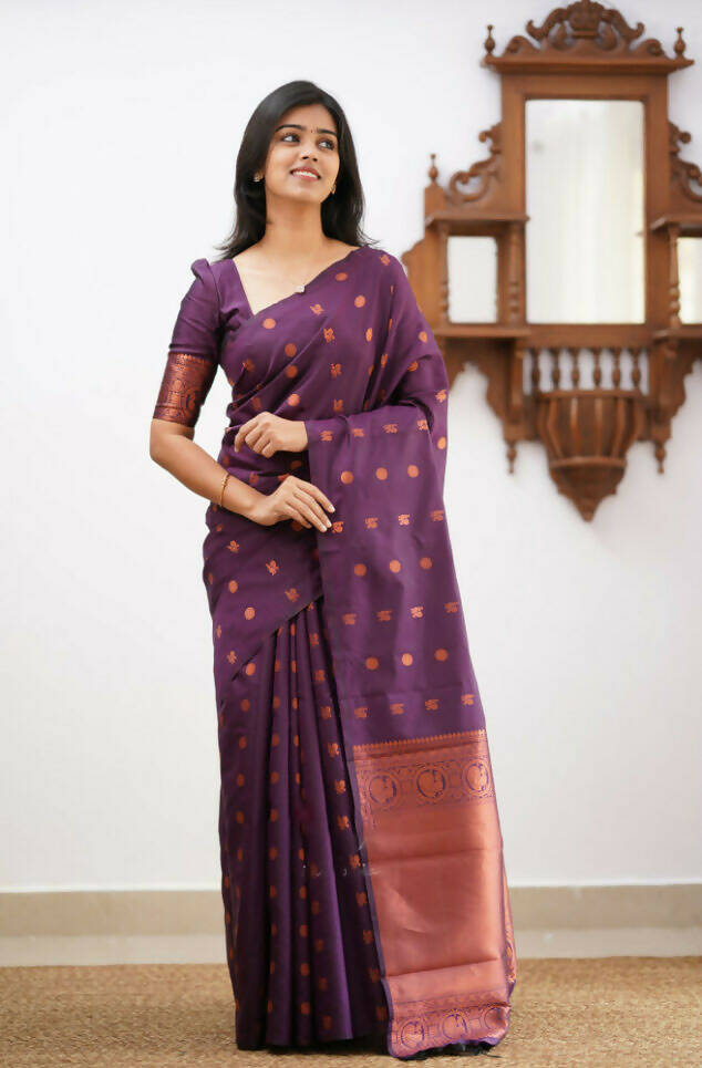 DEIANA'S Beautiful Designer Golden zari Soft Lichi Silk Saree - Wine