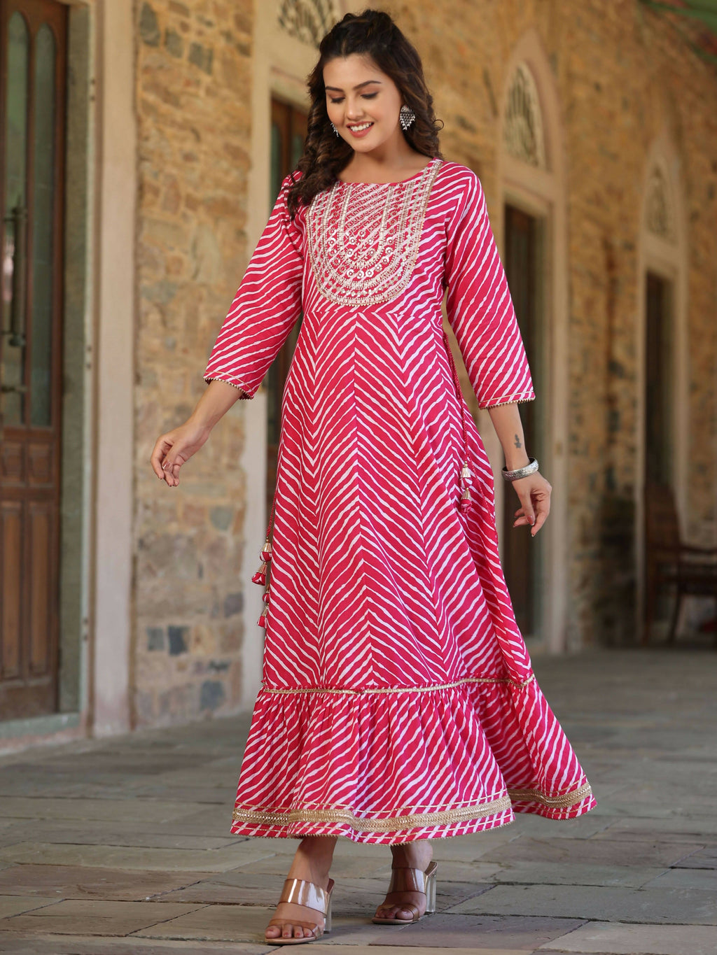 Juniper Women's Fuschia Printed Embroidered Mirror Work Sequin Cotton Flared Dress - Distacart