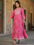 Juniper Women's Fuschia Printed Embroidered Mirror Work Sequin Cotton Flared Dress - Distacart