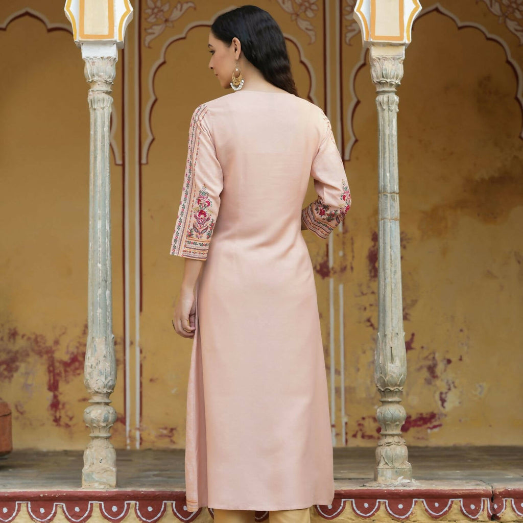 Juniper Women's Peach Rayon Staple Printed A-Line Kurta - Distacart