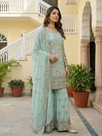Teeya Creation Sky Faux Georgette Multi Thread Work Wedding Wear Sharara Set - Distacart