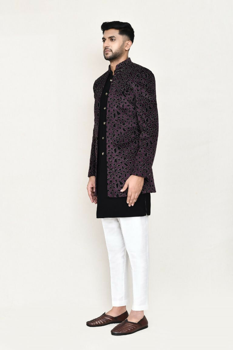 Joban Fashion Black Colored Velvet Based With Aplics Fabric Open Jacket, Indo Western With Pant