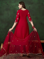 Sangria Round Neck Floral Zari Embroidered Straight Kurta with Trouser and Dupatta - Distacart