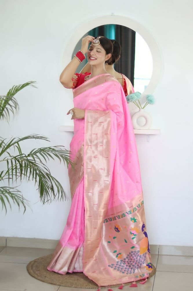 Pink Woven Jacquard Designer Embroidery Work Party Wear Saree - Parampara