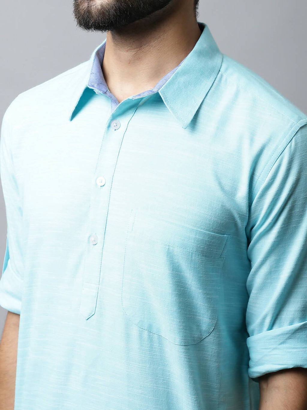 Even Apparels Blue Color Pure Cotton Solid Men's Kurta With Shirt Collar (SLD1132) - Distacart