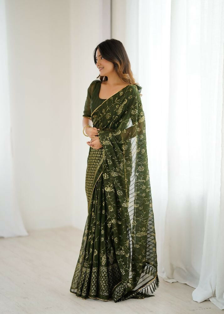 PR Fashion Mehendi Georgette Patta Plain With Foil Work And Small Lace And Zalar Lace Saree