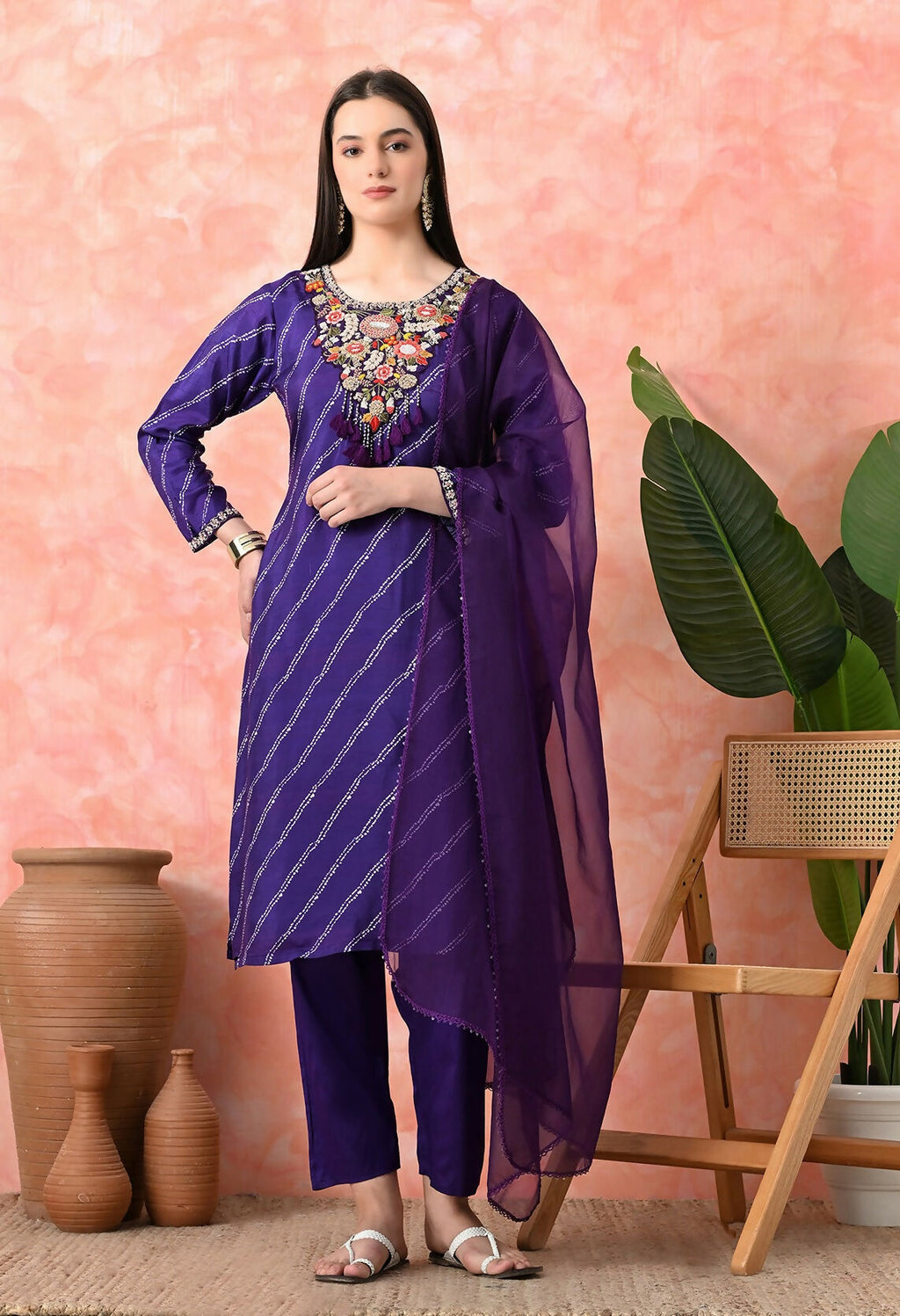Joban Fashion Purple Premium Pure Viscose Print Dola With Handwork Kurta Set