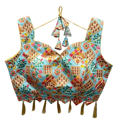 Vamika Sky Blue Banglori Silk Digital Print And Embroidery Blouse
