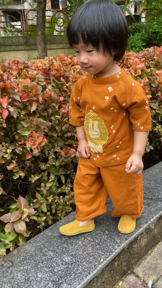 Mhyssa Oscar Half Sleeve Orange and Yellow T-shirt With Full Length Pant Set For Kids