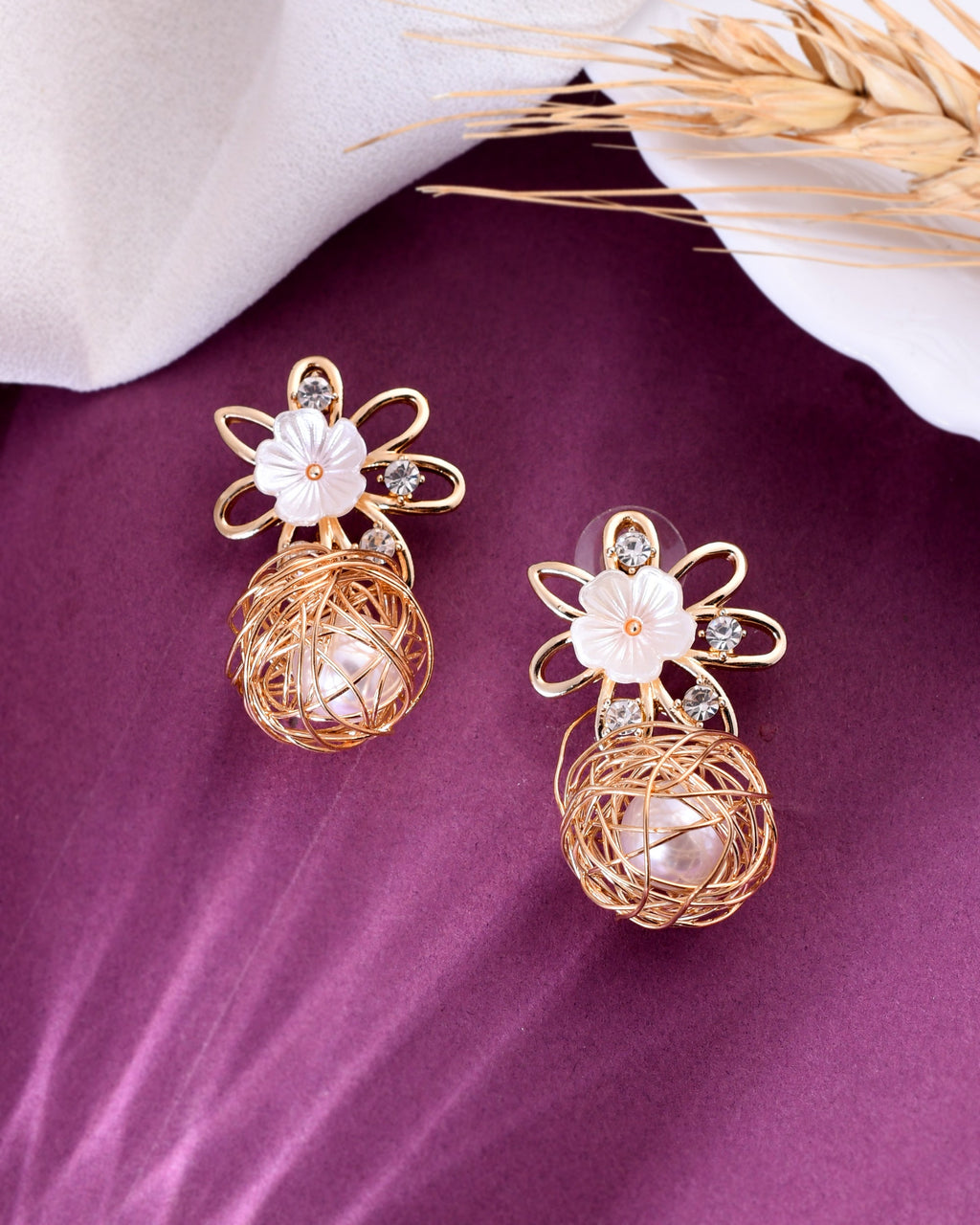 VOJ Women Gold Plated Flower Peral Studs Earrings - Distacart