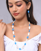 VOJ Women Sky Blue And White Beads Necklace And Earrings Set