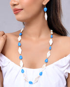 VOJ Women Sky Blue And White Beads Necklace And Earrings Set