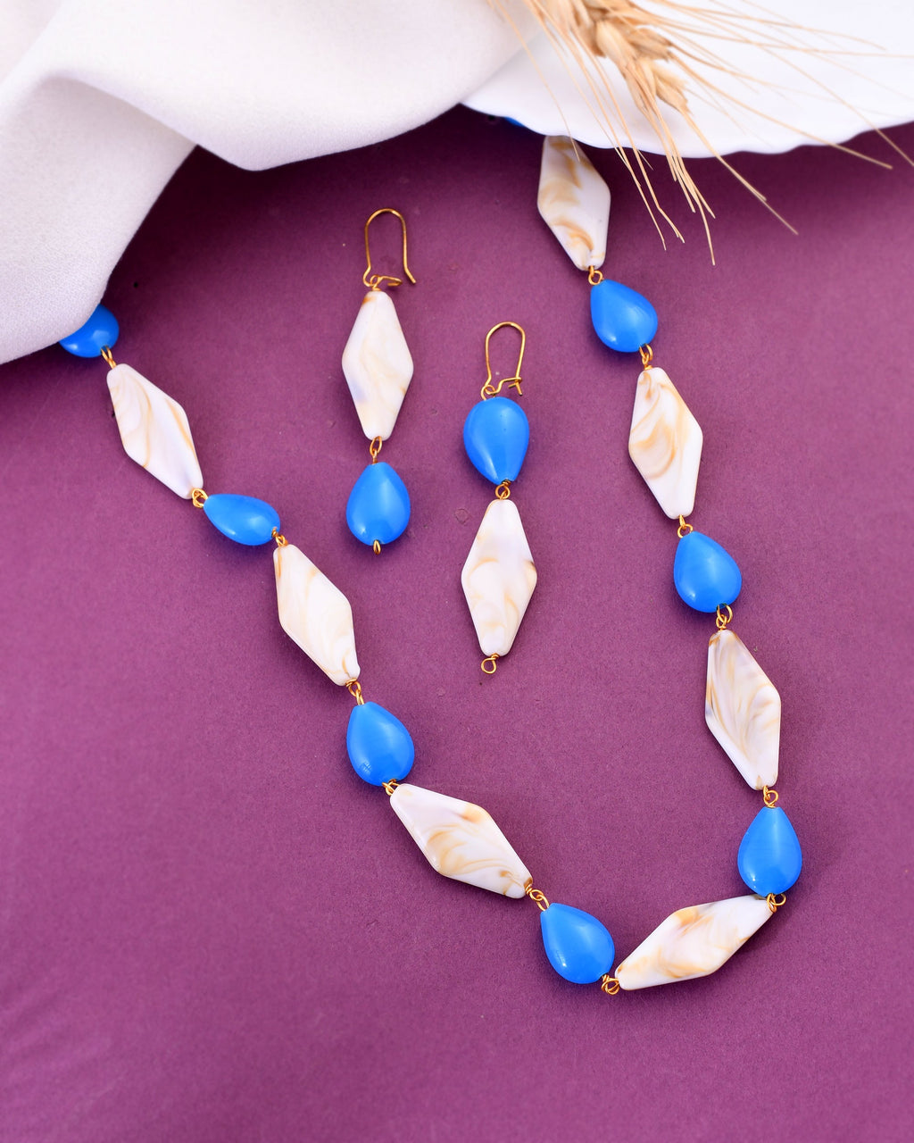 VOJ Women Sky Blue And White Beads Necklace And Earrings Set