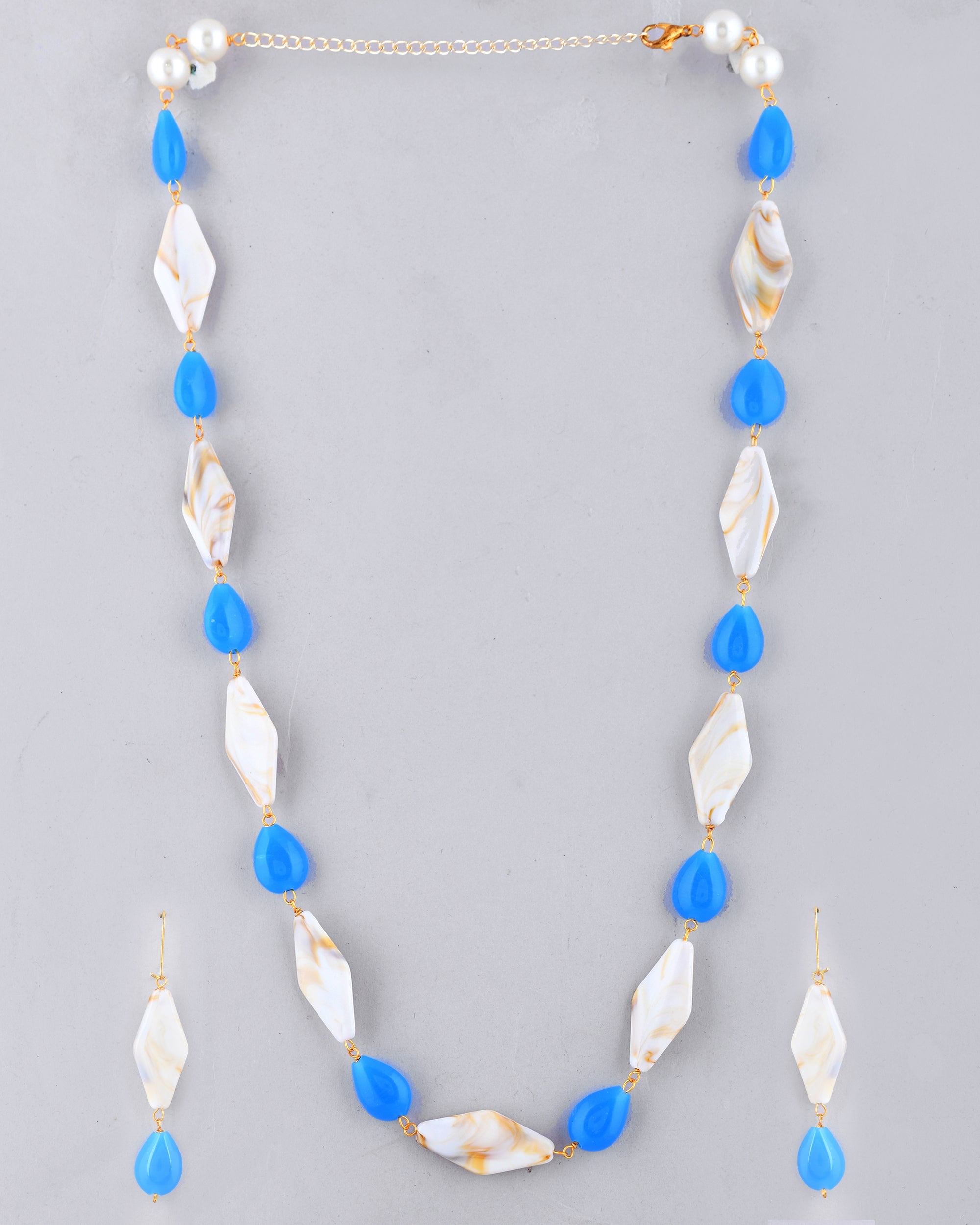 VOJ Women Sky Blue And White Beads Necklace And Earrings Set