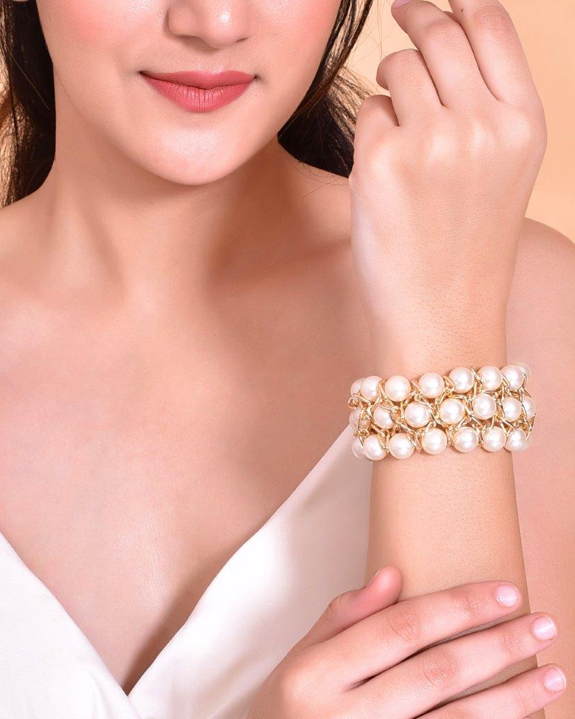 VOJ Women White and Gold Toned Pearls Gold Plated Multi Strand Bracelet - Distacart