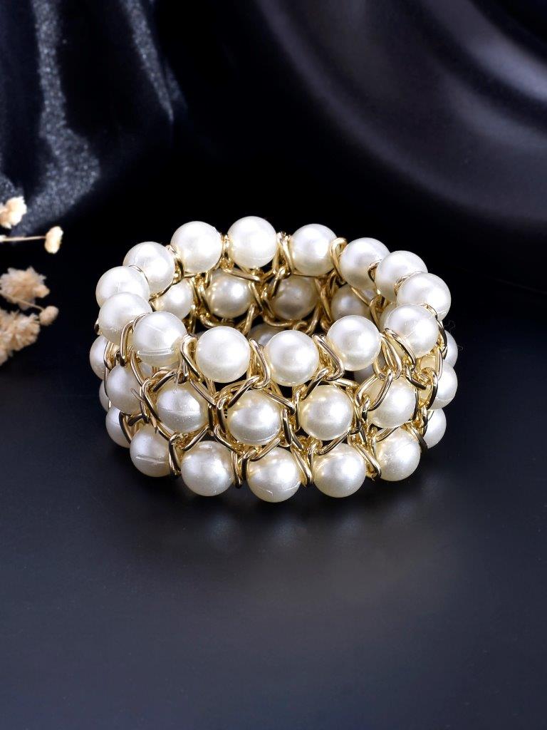 VOJ Women White and Gold Toned Pearls Gold Plated Multi Strand Bracelet - Distacart