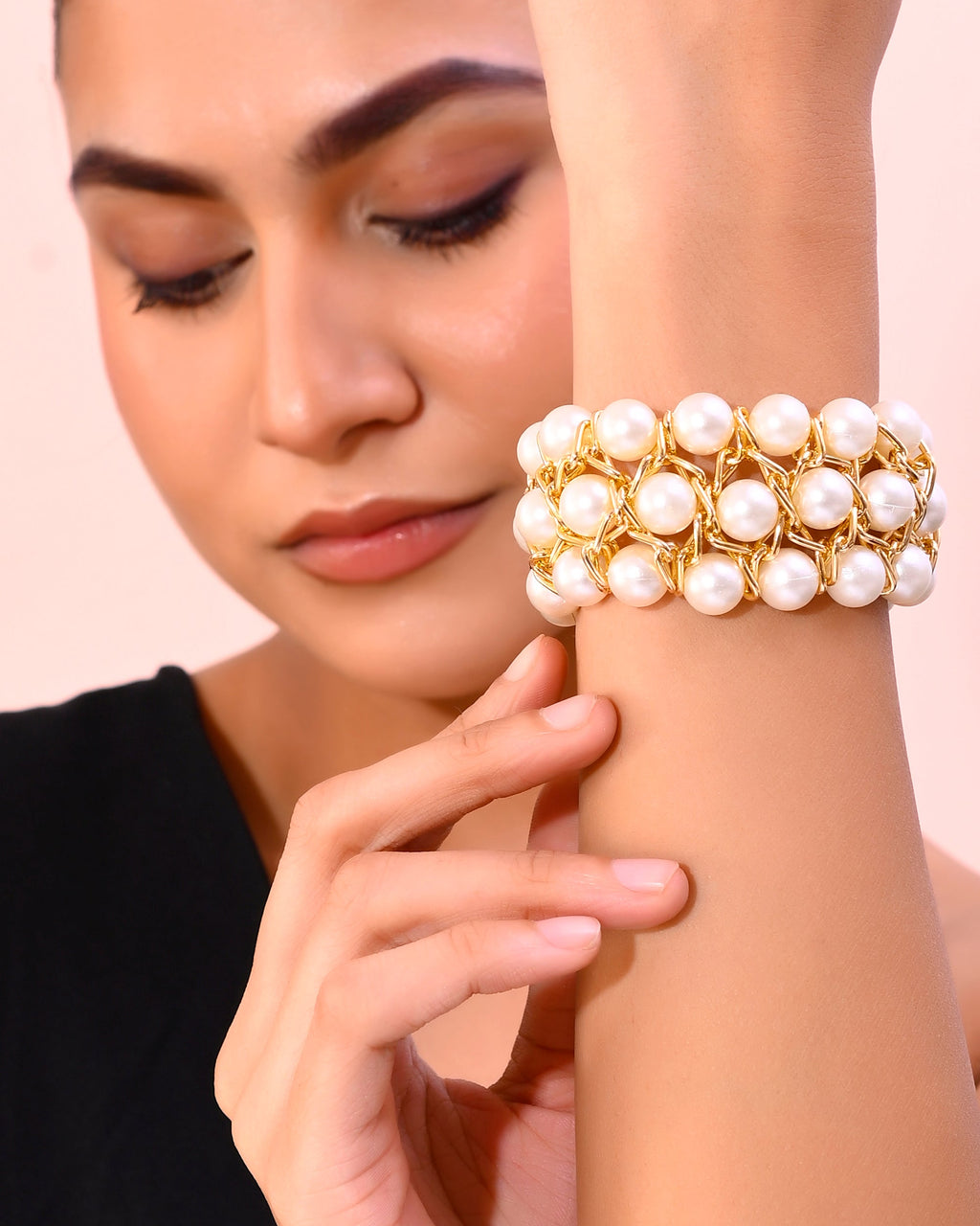VOJ Women White and Gold Toned Perals Gold-Polished Multi Strand Bracelet - Distacart