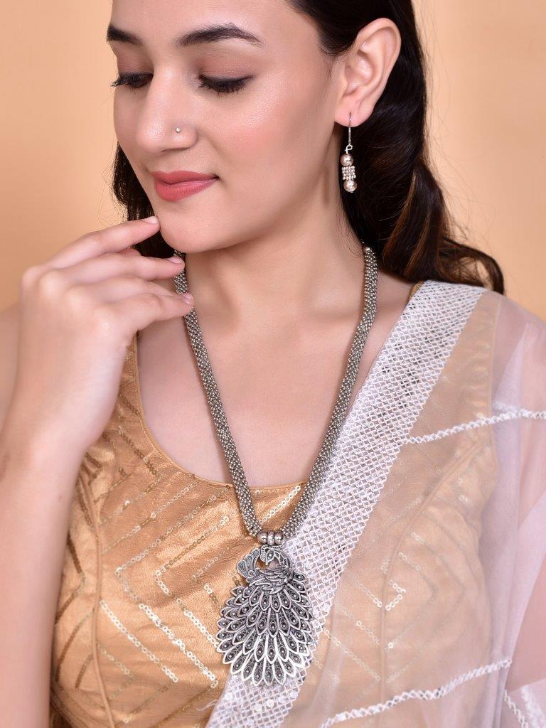 VOJ Women Oxidised Silver-Plated Peacock Jewellery Set