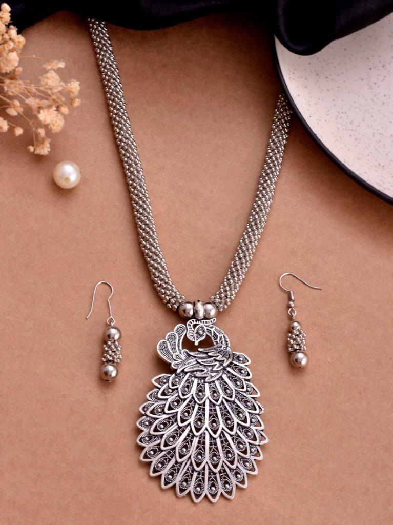 VOJ Women Oxidised Silver-Plated Peacock Jewellery Set