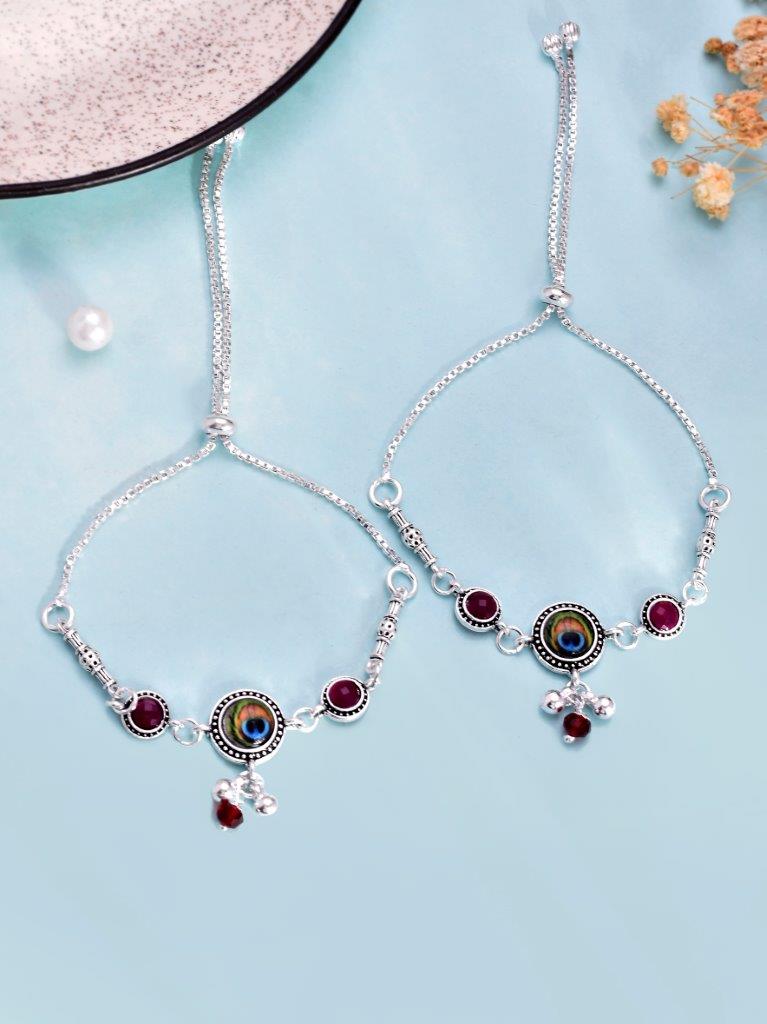 VOJ Pack of 2 Silver Plated Peacock Anklets - Distacart