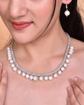 VOJ Silver Plated Pearls and AD-Studded Necklace & Earrings