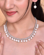 VOJ Silver Plated Pearls and AD-Studded Necklace & Earrings