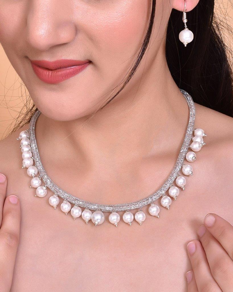 VOJ Silver Plated Pearls and AD-Studded Necklace & Earrings