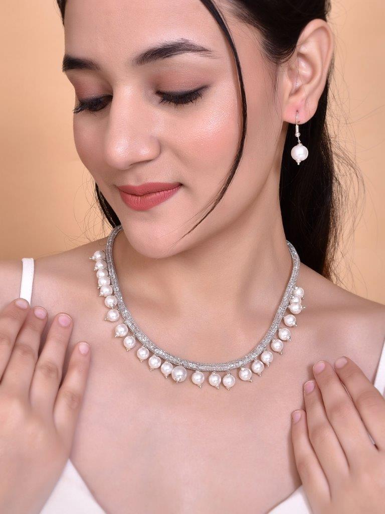 VOJ Silver Plated Pearls and AD-Studded Necklace & Earrings